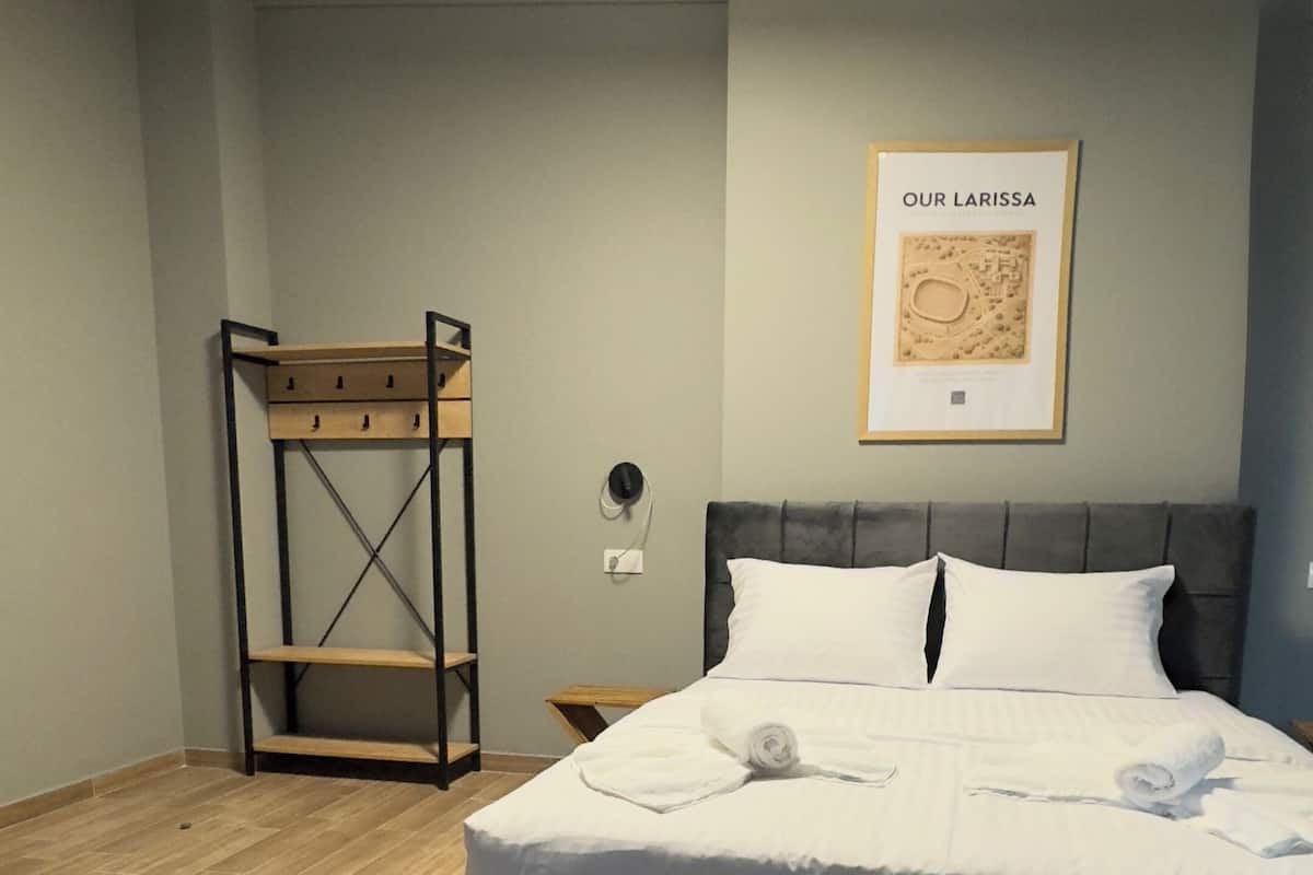 Une chambre moderne avec un grand lit, une étagère en bois, une œuvre d’art encadrée et un luminaire au plafond.