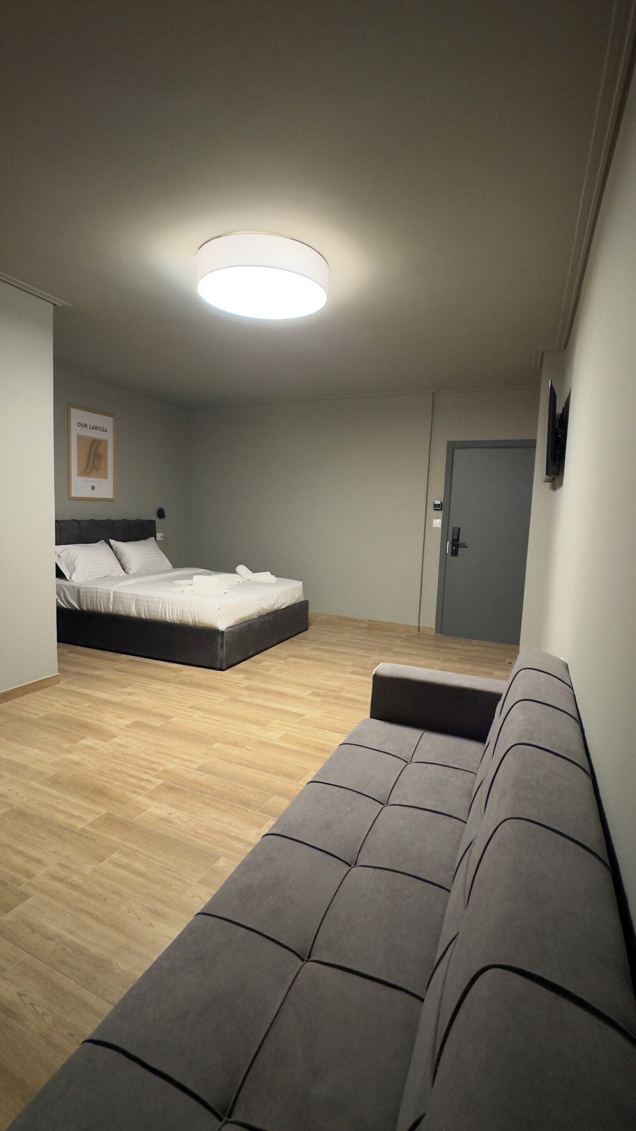 Un dormitorio moderno con una cama, un sofá y una lámpara en el techo.