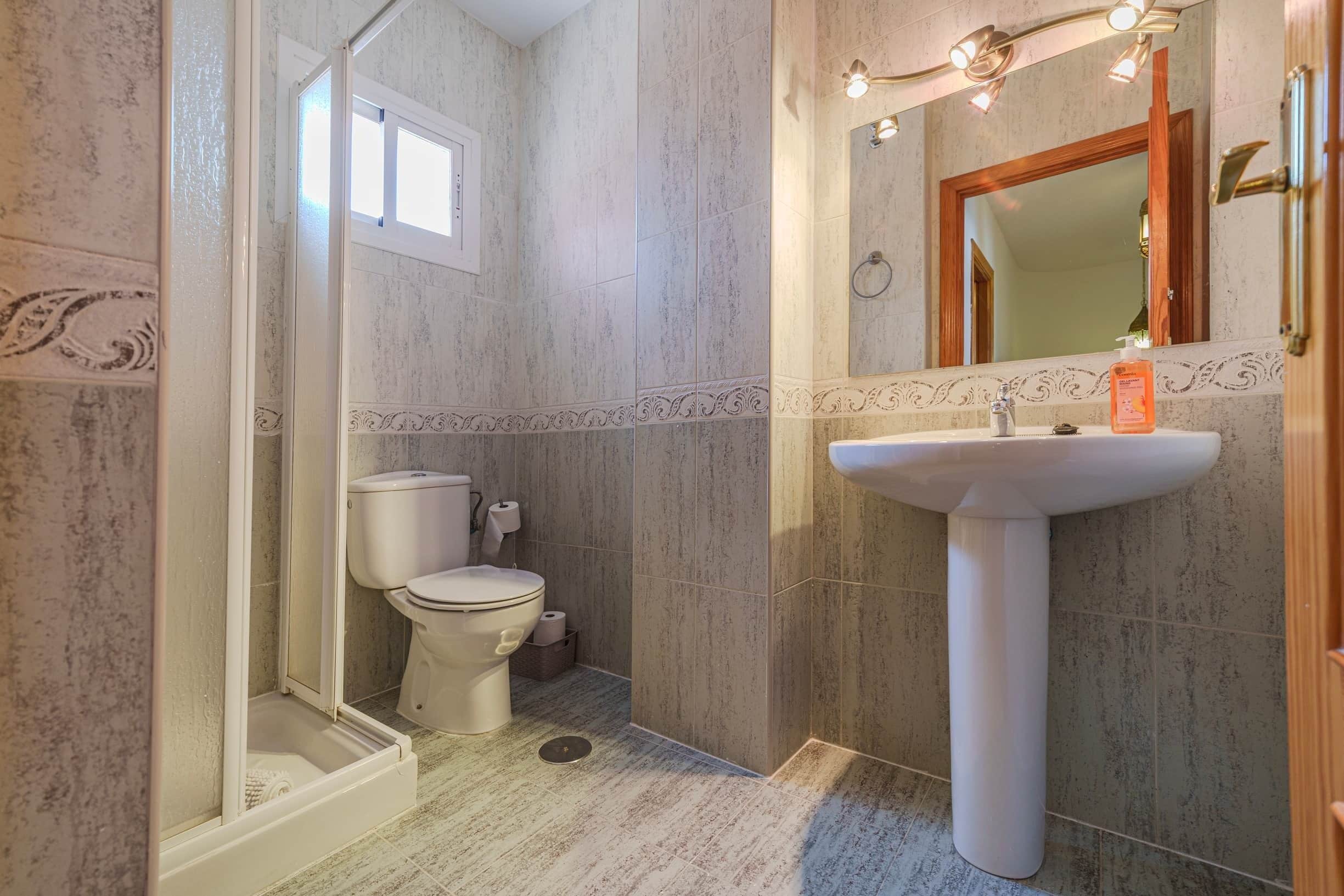Een badkamer met douche, toilet, wastafel en spiegel.