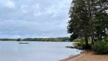 A lake with a dock, a sandy beach, and a forested shoreline.
