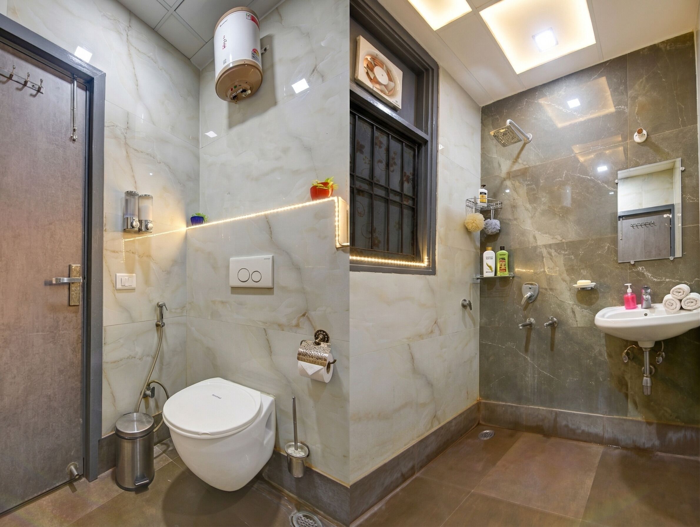A modern bathroom with a toilet, bidet, and shower.