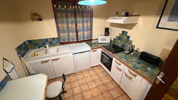 Coffee/tea maker, fridge, microwave, oven