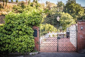 Une porte en fer forgé, un mur en briques et un arbuste recouvert de lierre.