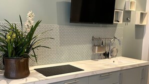 A modern kitchen with a built-in TV, a sink, and a potted plant. - Flat Near Notre Dame 4 pax AC (Paris)