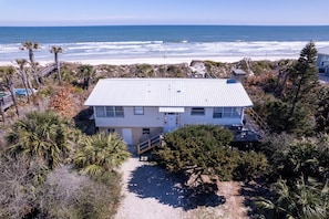A coastal house with a metal roof, surrounded by palm trees and a beach view.