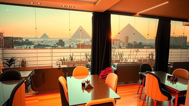 A modern dining area with a view of the pyramids. - Horus Guest House Pyramids  (Giza)