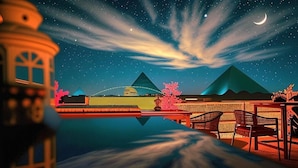 A nighttime view of a rooftop with a pool, two pyramids, and a crescent moon. - Horus Guest House Pyramids  (Giza)