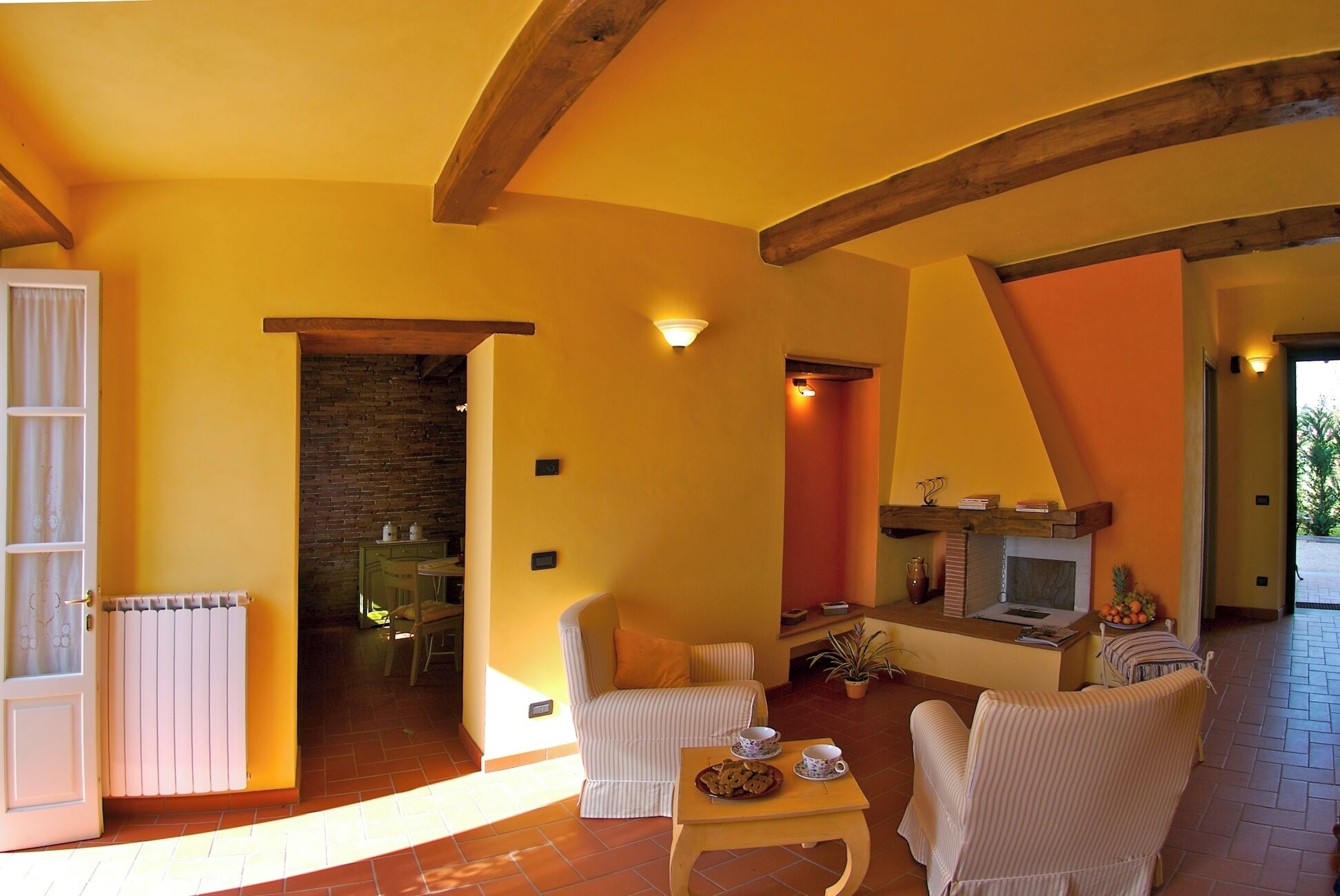 TV, fireplace, books