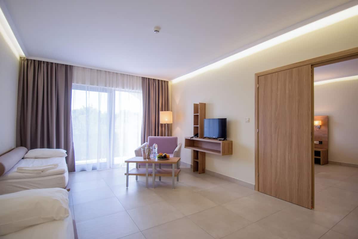 A modern hotel room with a sofa set, a television, a table with a lamp, and a sliding door.