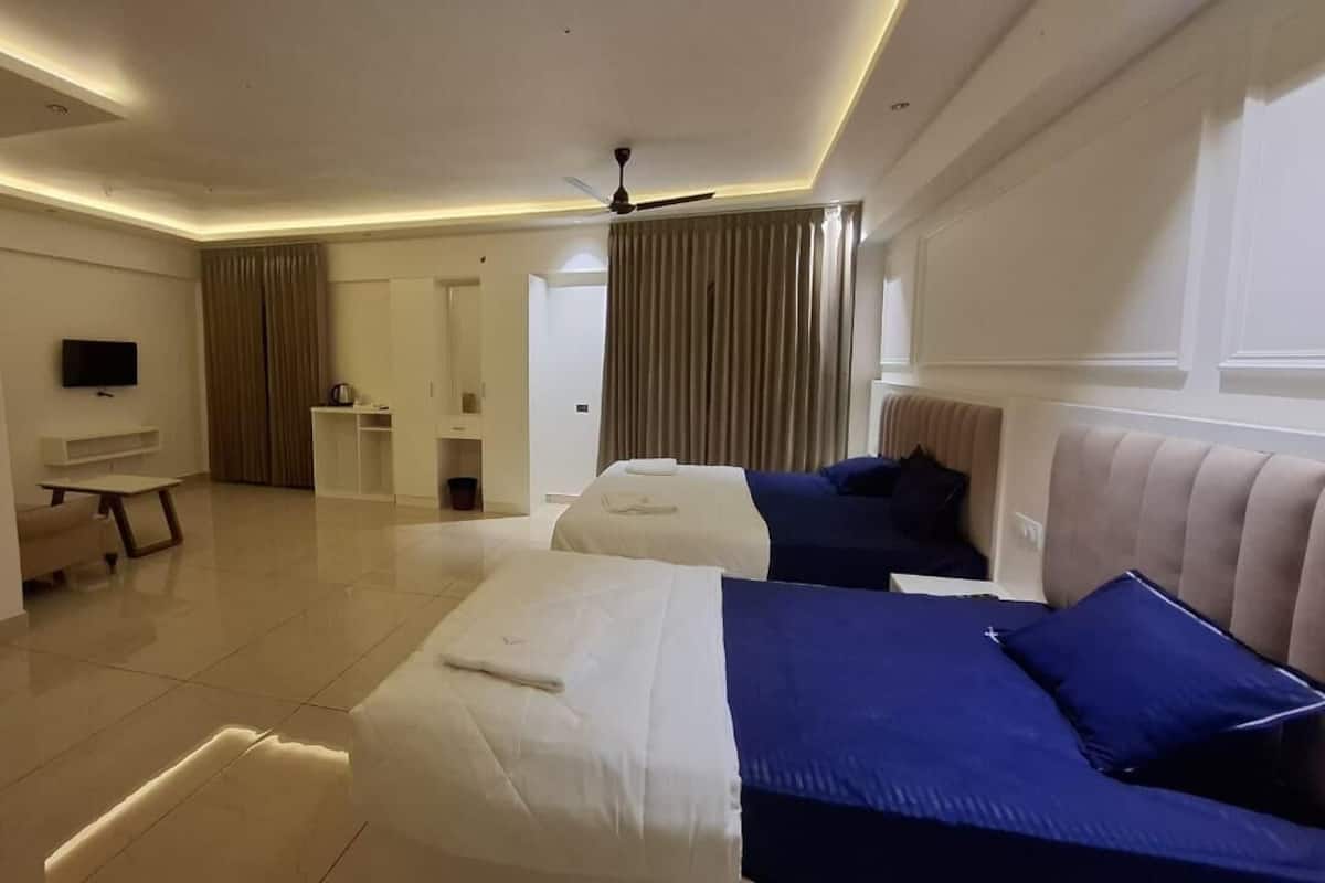 Habitación de hotel con dos camas, televisión, escritorio y armario.
