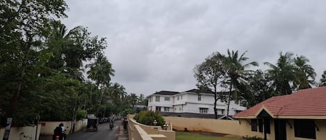 A residential street with houses, a sidewalk, and greenery.