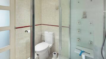 A bathroom with a glass-enclosed shower, a toilet, and a sink with a handheld showerhead.
