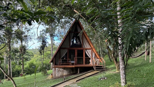 Une cabane en bois dotée d’un balcon, entourée d’une végétation luxuriante et accessible par un sentier de pierres.