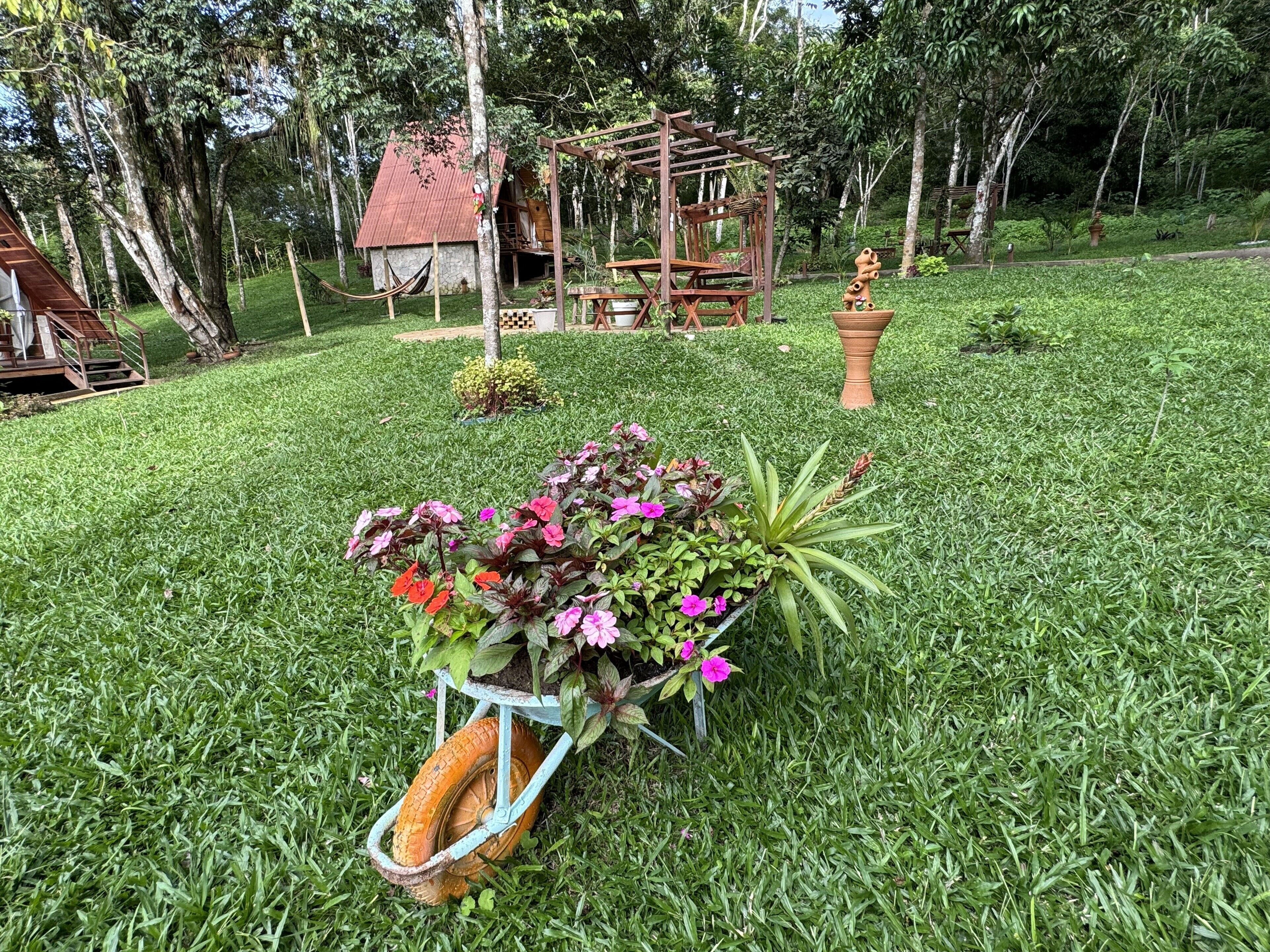 Un jardín con un carro de flores, una estructura de madera y un edificio de techo rojo.
