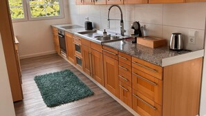 A modern kitchen with wooden cabinets, a stainless steel sink, and a granite countertop. - Merzhausen Castle in the Taunus region near Frankfurt am Main - west wing (Usingen)