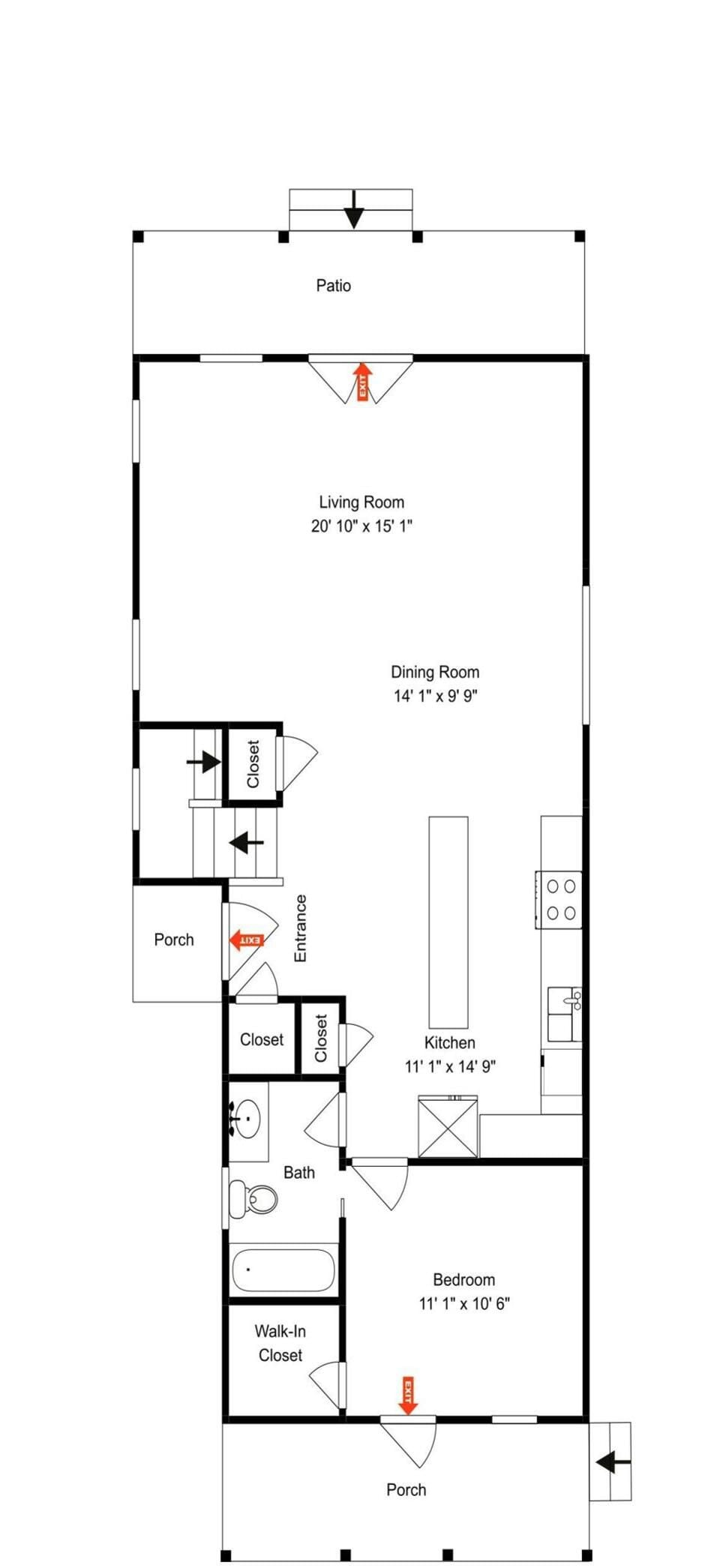 Ein Grundriss mit Terrasse, Wohnzimmer, Esszimmer, Küche, Bad, Schlafzimmer und begehbarem Kleiderschrank.