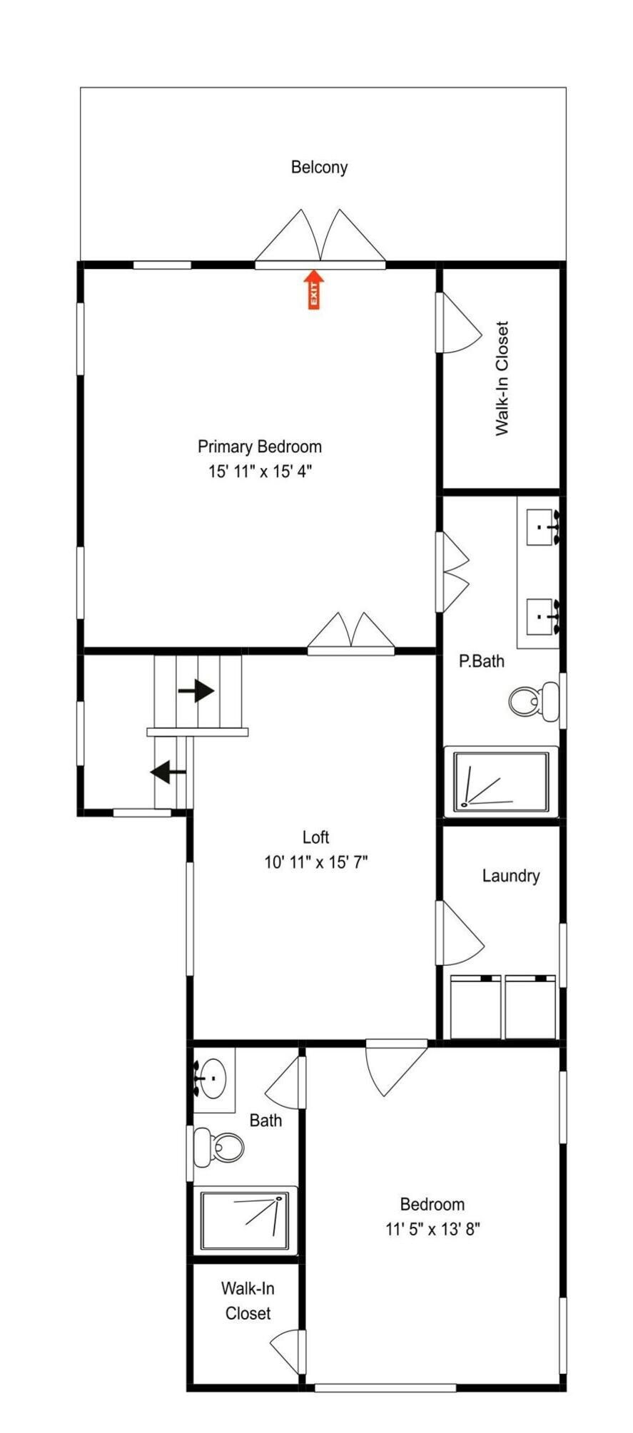 Ein Grundriss mit Schlafzimmer, begehbarem Kleiderschrank, Balkon und einem Schlafpodest.