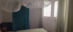 A room with a bed, a window with blinds, a teal curtain, and a white canopy.
