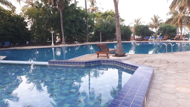 Une piscine à l’eau d’un bleu cristallin, entourée de palmiers et de chaises longues.