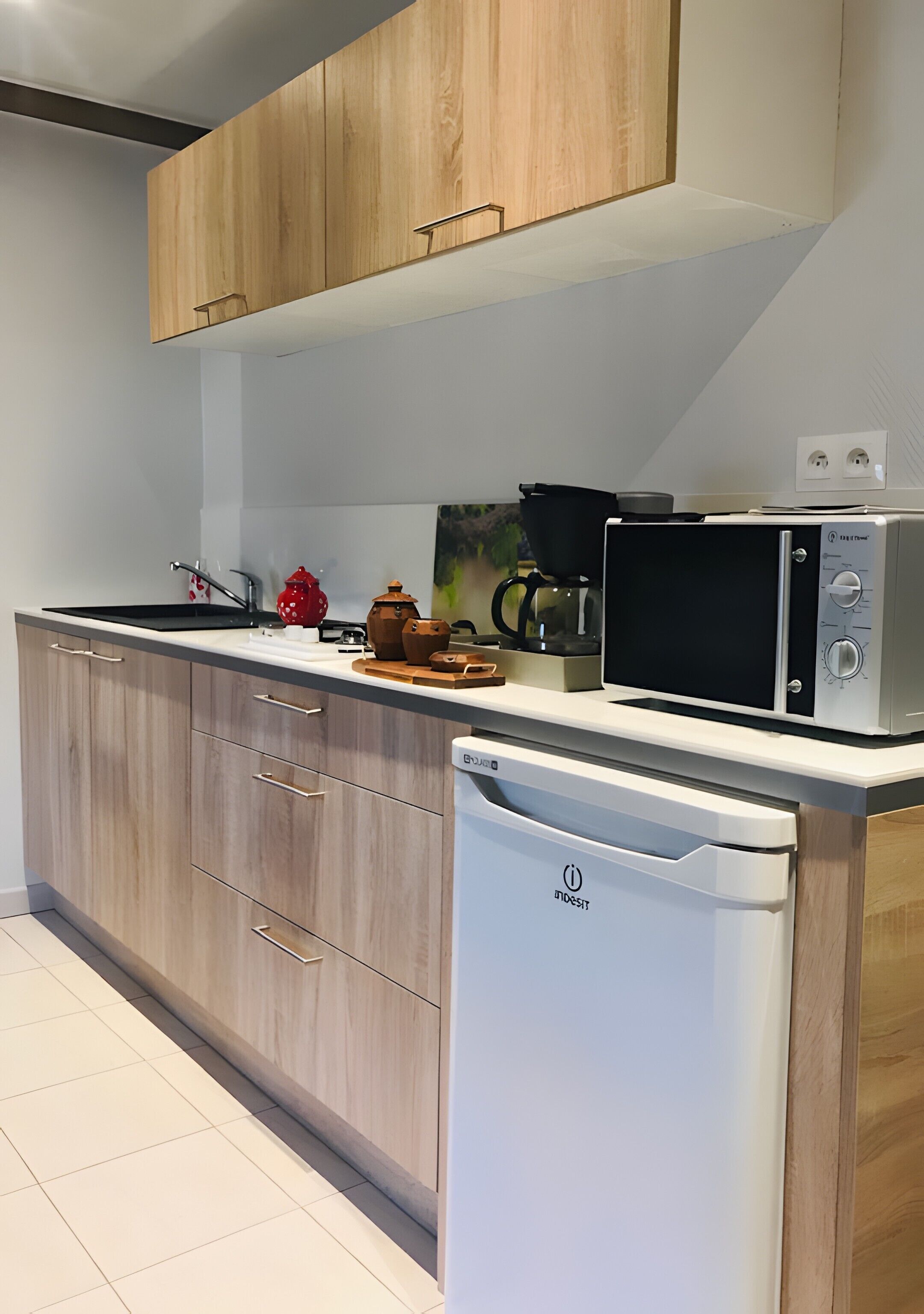 Fridge, microwave, stovetop, coffee/tea maker