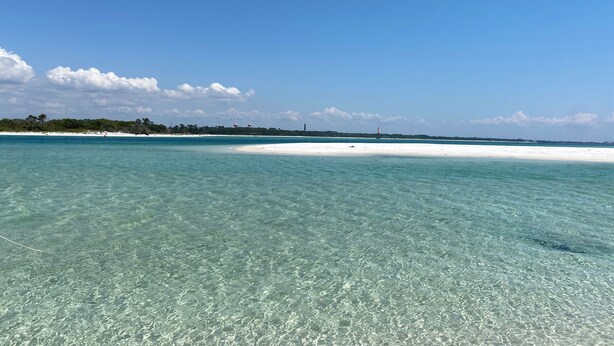 A beach with clear turquoise water, a sandy shore, and a distant tree line. - BEAUTIFUL GULF VIEW 2B/2B BALCONY OVER THE POOL,EASY BEACH ACCESS (Orange Beach)