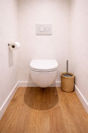 Ducha, secador de pelo, toallas, jabón