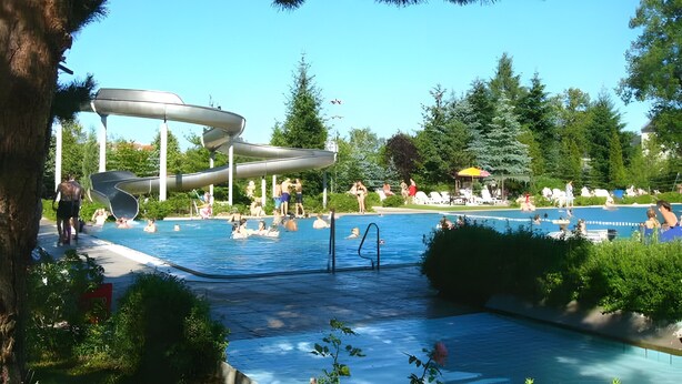 Une piscine avec un toboggan, entourée d’arbres et de chaises longues.