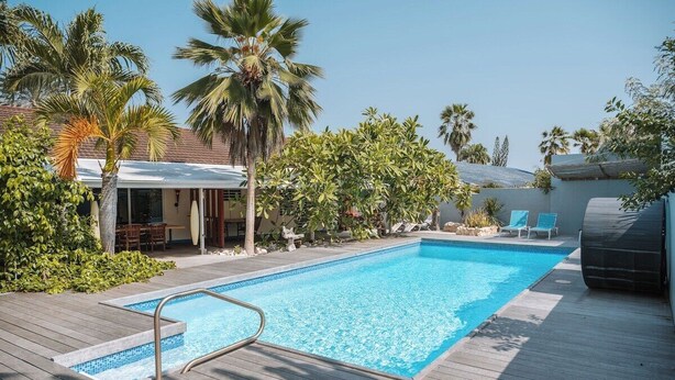 Ein Pool mit Holzterrasse, Liegestühlen und Palmen.