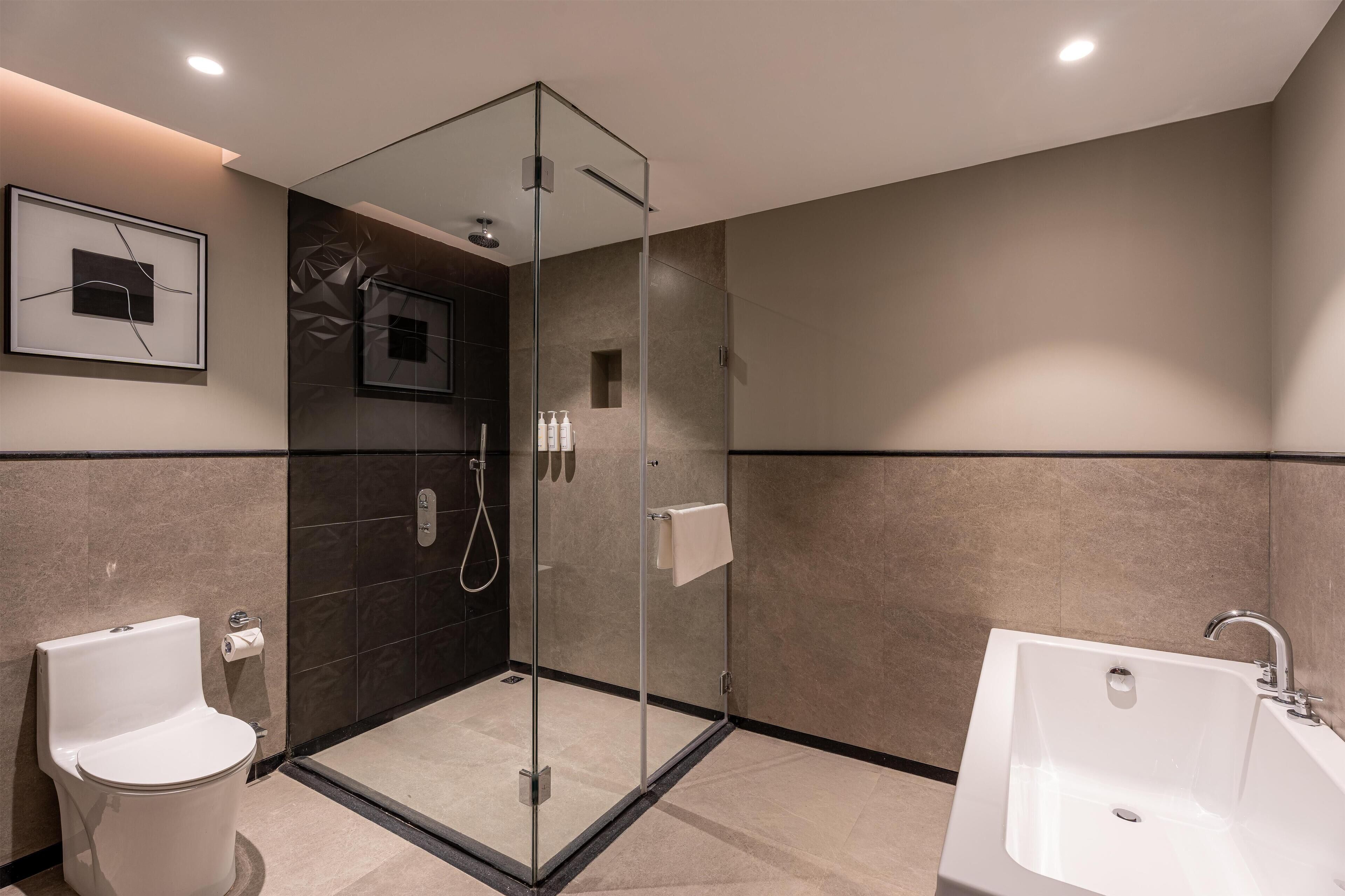 A modern bathroom with a glass-enclosed shower, a standalone sink, and a toilet.
