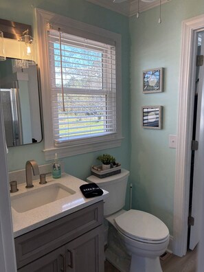A bathroom with a toilet, sink, and window with blinds.