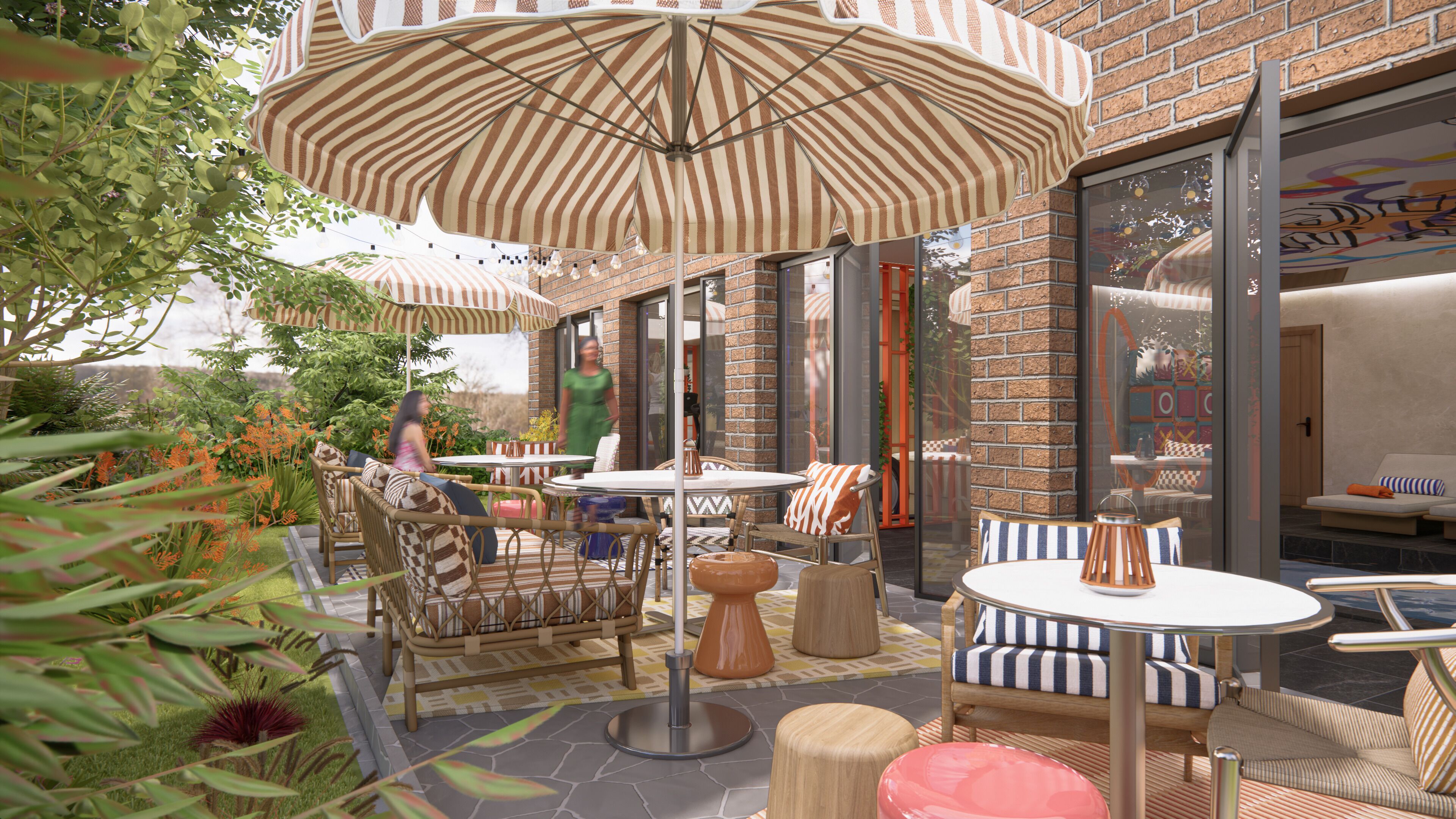 An outdoor patio area with multiple tables and chairs, some with striped cushions, and a large striped umbrella providing shade.
