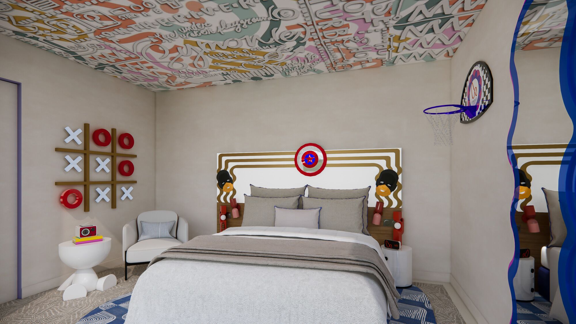 A bedroom with a bed, a headboard with a target design, a tic-tac-toe game, and a wall with abstract patterns.