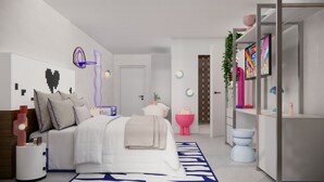 A modern bedroom with a bed, bedside table, and a wardrobe. - Symone Poitiers  (Poitiers)
