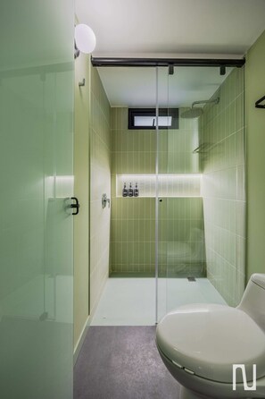 Chuveiro, secador de cabelo, shampoo 