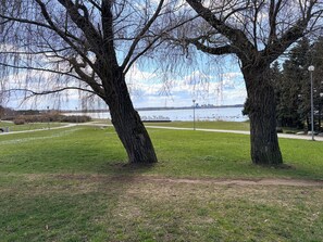 Un parque con dos árboles grandes, una zona de césped, un sendero y una vista distante de un cuerpo de agua con el perfil urbano de una ciudad.