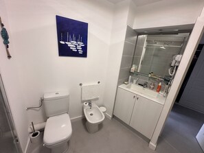 Secadora de cabello, bidet, papel de baño 