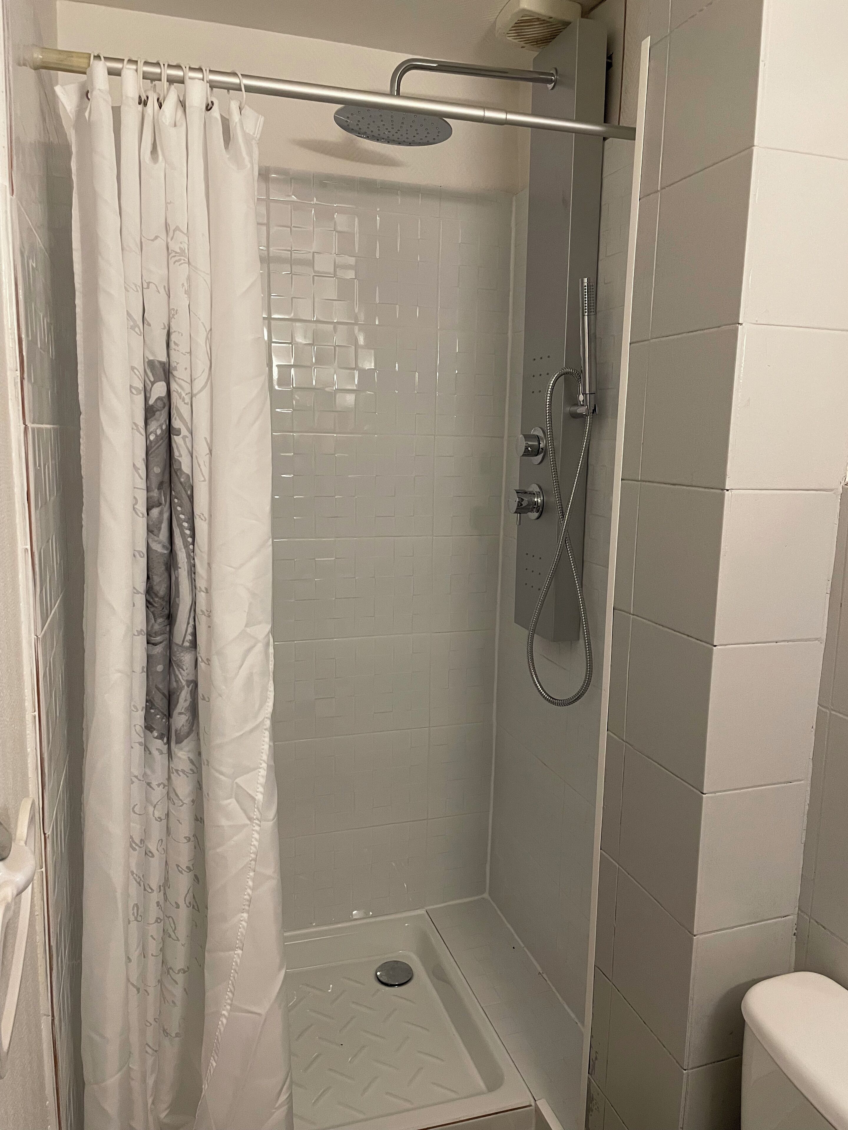 Shower, towels, toilet paper