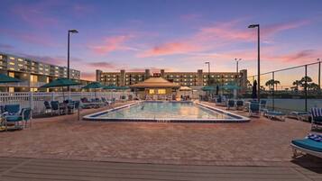 2 outdoor pools, open 9:00 AM to 10:00 PM, pool umbrellas, sun loungers
