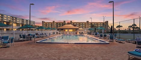 2 outdoor pools, open 9:00 AM to 10:00 PM, pool umbrellas, pool loungers