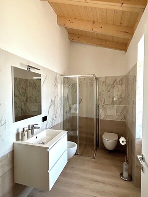 Hair dryer, bidet, towels, soap
