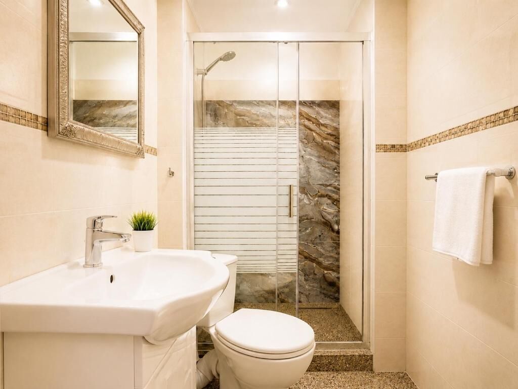 Kylpyhuone, jossa on valkoinen pesuallas, wc ja lasinen suihkukaappi.