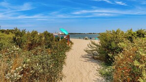 A sandy beach path leading to a boat dock with a blue canopy, surrounded by dense shrubbery.