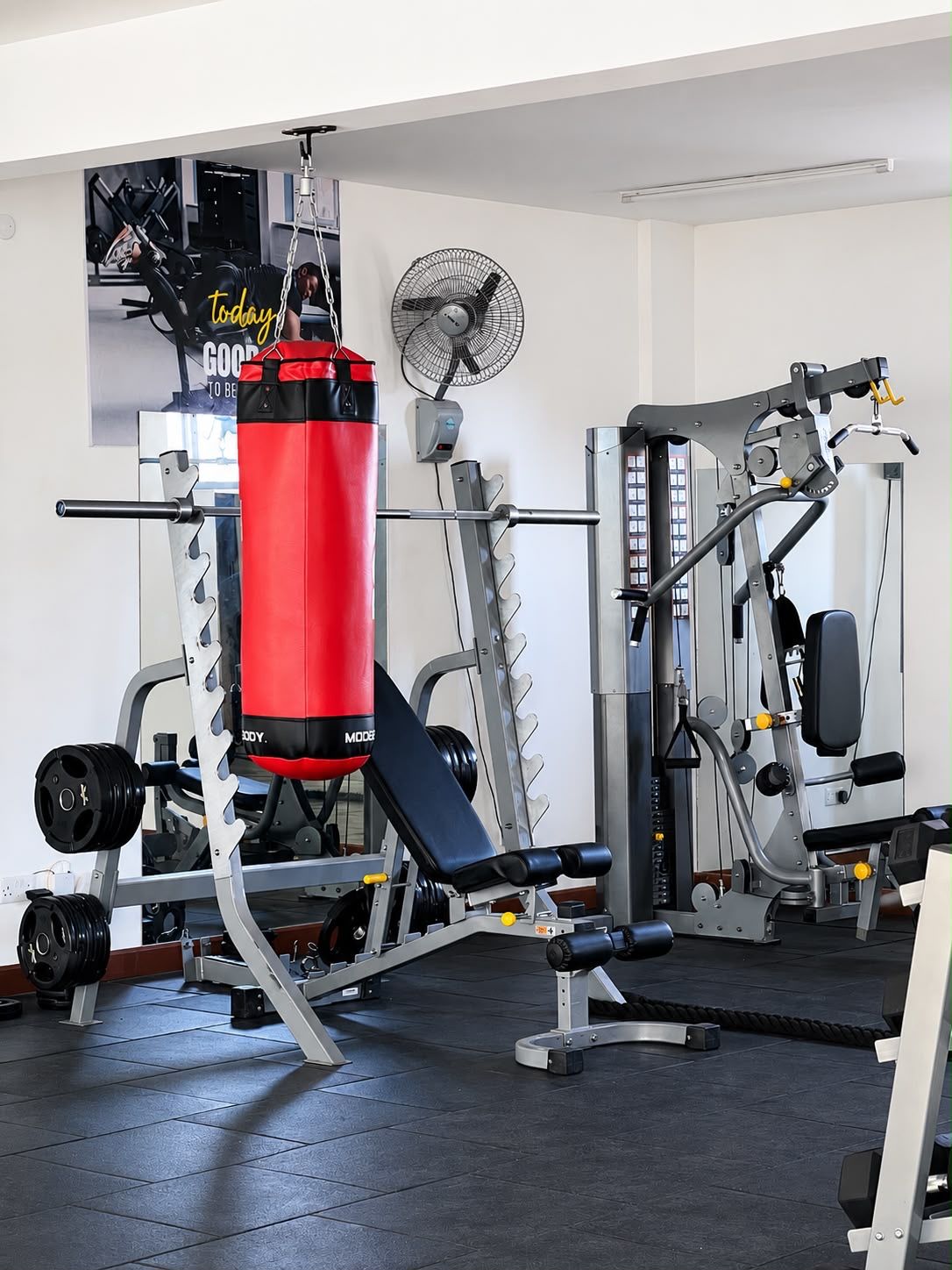 Une salle de sport équipée de divers appareils d’entraînement, notamment un banc de développé couché, un support à squats et un sac de frappe.