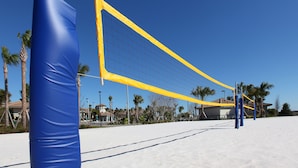 Ein Beachvolleyballfeld mit Netz, Palmen und Häusern im Hintergrund.