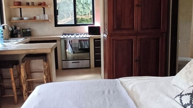 A bedroom with a bed, a desk, and a kitchenette. - Charming Private Cottage in Tranquil San Pedrito, El Pescadero- 2 Blocks to Surf (El Pescadero)