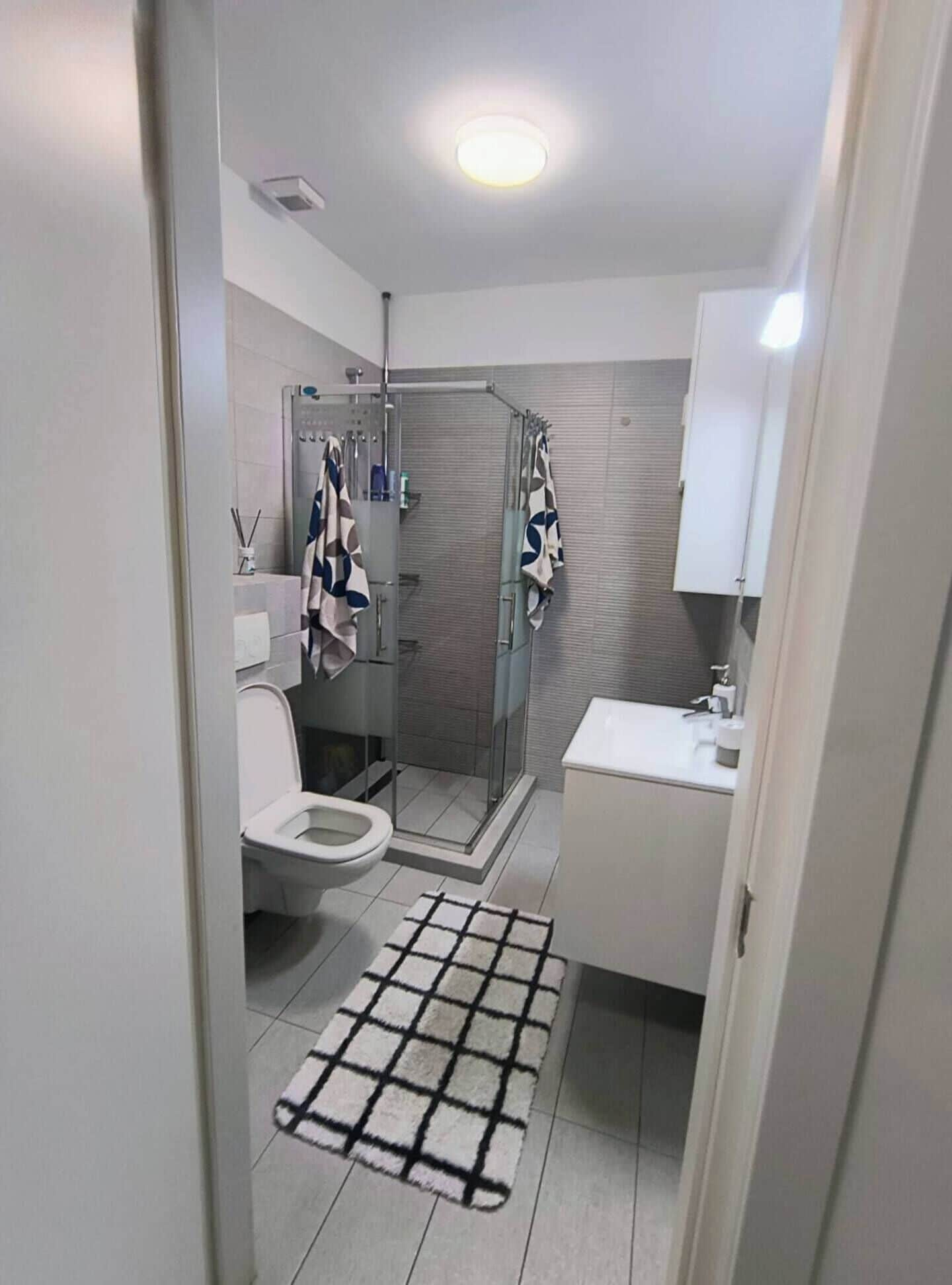 A modern bathroom with a glass shower enclosure, a toilet, a sink, and a mirror.