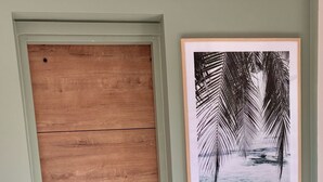 Una habitación con una puerta de madera, un cuadro enmarcado de palmeras y una almohada estampada en un sofá verde.