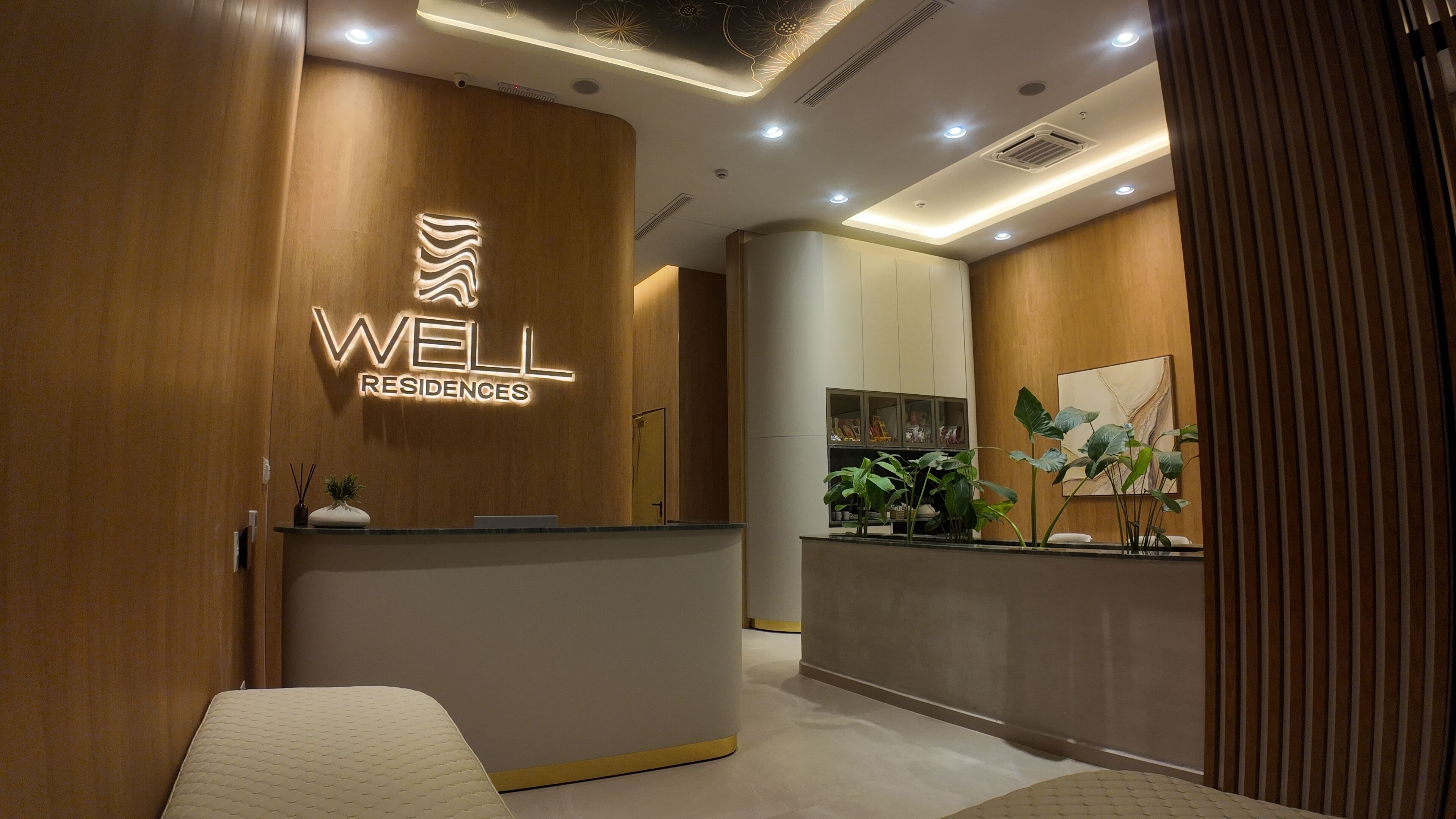 A reception area with a modern design, featuring a wooden reception desk, a well-resigned logo, and a plant arrangement.