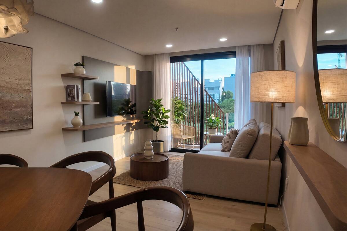 A modern living room with a sofa, dining table, chairs, a TV, and potted plants.