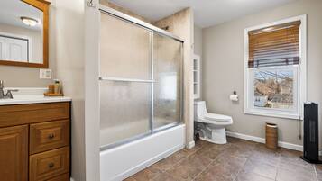 Hair dryer, towels, soap, toilet paper